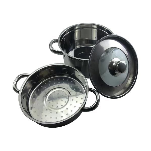 Cookware - Stainless Steel 20cm x 15cm, 2 Layers, Glass Lid | Durable, Stackable, Heat Resistant, Even Heating, Steam Cooking, 2 Handles, Easy Clean
