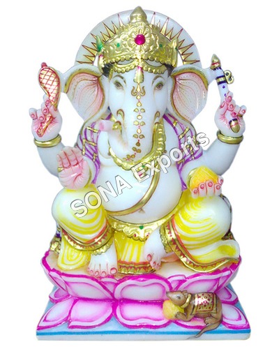 Marble Ganesha Statue Sitting On Lotus