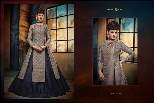 Indo Western Designer Lehanga - Silk Fabric, Size XL, Beautiful Blue Color | Digital Print & Embroidery Work, Long Sleeve Design