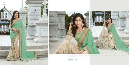 Designer Saree - Georgette & Net, Green & Cream with Embroidery, Zari Work & Lace Trim