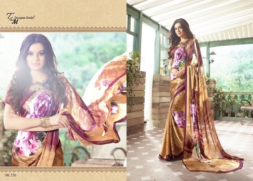 Designer Chiffon Saree - Fancy Printed Work, Customizable Blouse Size 34-46