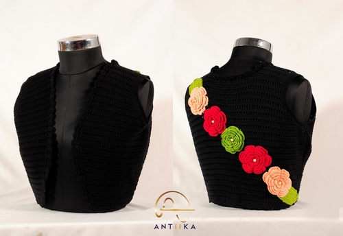 Designer Crochet Waist Coat - Cotton Yarn, One Size, Black | Soft Texture, Smooth Finish, Floral Applique Pattern