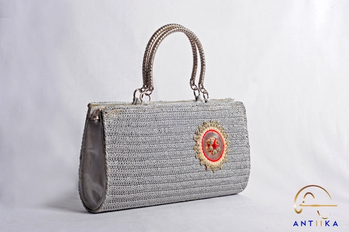 Crochet Ledies Hand Bags - Cotton Yarn, 12x5x3 Inches, Gray | Customizable, Durable, Handmade, Lightweight, Portable, Stylish, Versatile