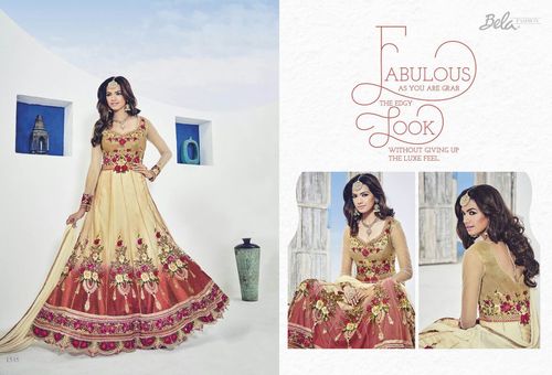 Designer Anarkali Suit - Embroidered Shaded Cream and Maroon Net Fabric, Full Sleeves with Zari and Lace Work | Customizable Sizes 34 to 46, Matching Georgette Dupatta