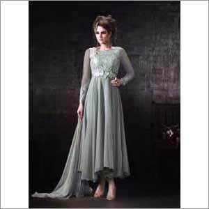 Mint Green Party Wear Long Suit - Fine Georgette, Banglori Silk, Santoon Fabric, Embroidered, Elegant Design