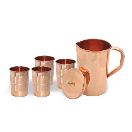 QUBIC Copper Jug Pitcher With 4 Tumblers - Copper, Set of 5, 1L Jug Capacity, 250ml Tumblers, Antibacterial, Handcrafted Elegance