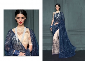 Embroidered Demure Navy Blue Net Designer Saree