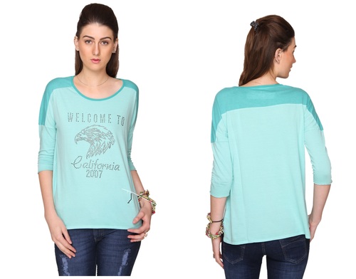 Bedazzle Casual 3/4 Sleeve Embellished Women's Green Top - Cotton Blend, S-XL | Relaxed Fit, Soft Fabric, Round Neck