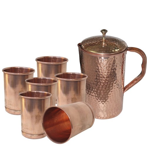 QUBIC INC Pure Copper pitcher jug with 6 Tumbler Glass Set