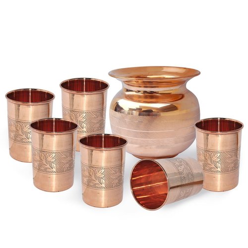 Handmade Copper Lota Kalash - Handmade Etched Copper, 7 Pieces | Antibacterial, Durable, Ayurvedic, Traditional, Elegant