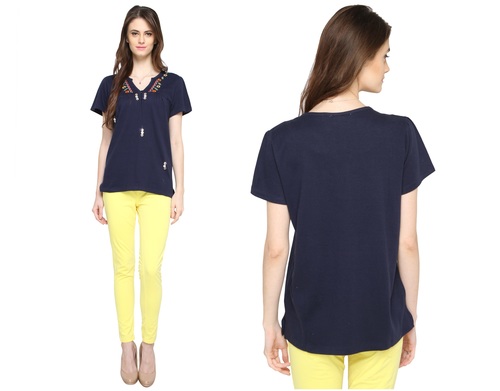 Bedazzle Casual Short Sleeve Embroidered Women's Dark Blue Top