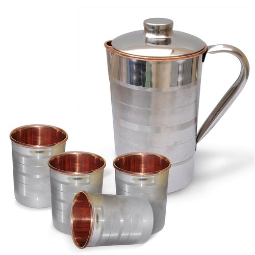 Drinkware Set Jug with 4 Tumblers Steel Copper - Copper Steel, Jug 10x8 Inch, Tumblers 3x4 Inch | Durable, Antibacterial, Polished Finish