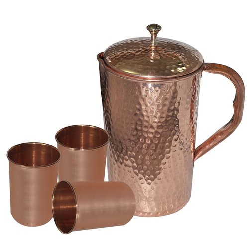 Pure Copper pitcher jug with 3 Tumbler Glass Set