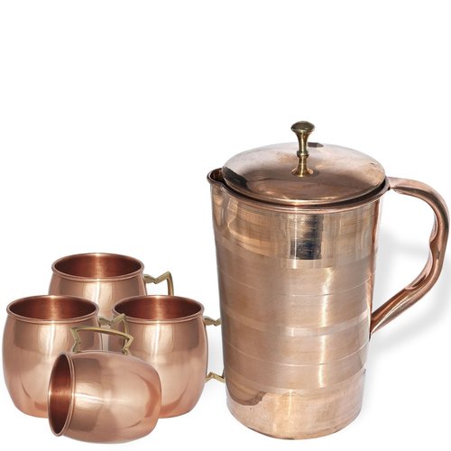 Pure Copper Jug With 4 Pure CopperTumbler glass Sets