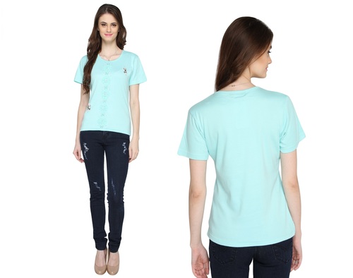Bedazzle Embroidered Women's Round Neck Green T-Shirt