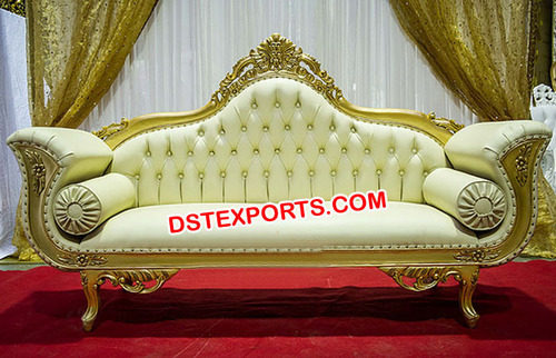Golden Royal Wedding Stage Couch - Treated Wood, Leather, Gold, Cushioned Seats, Hand Carved, Deco Painted Finish, Royal Look