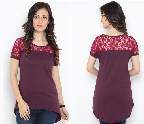 Bedazzle Casual Short Sleeve Solid Women's White Top - Cotton Blend, Burgundy | Comfortable, Stylish, Lace Detail, Relaxed Fit