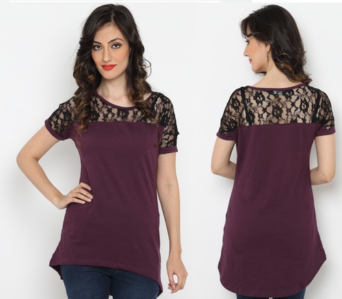 Bedazzle Casual Short Sleeve Solid Women's Purple Top