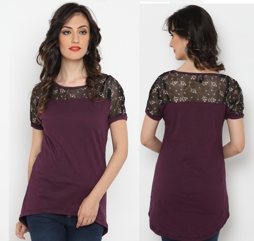 Bedazzle Casual Short Sleeve Solid Women's Purple Top