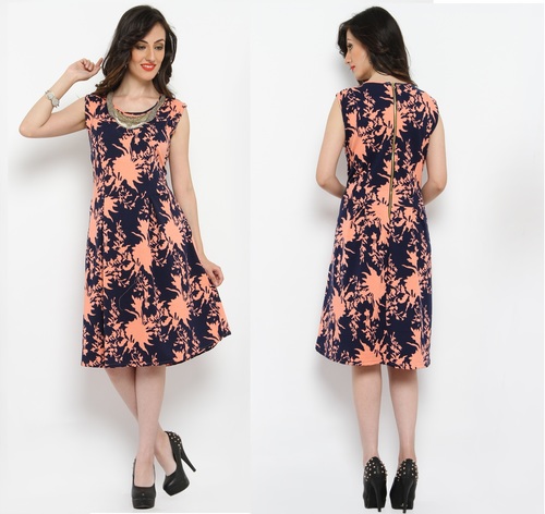 Bedazzle Women's A-line Orange Dress - Polyester, S-XL, Knee-Length, Round Neckline | Stylish, Comfortable, Floral Print, Sleeveless