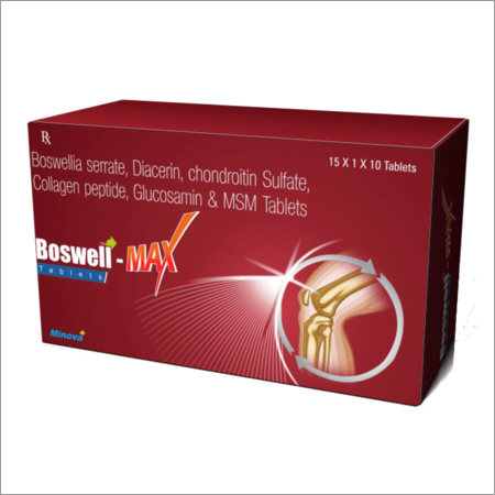 Boswell-Max Ingredients: Boswellia Serrata 50Mg+Chondroitin Sulfate 100Mg+Collagen Peptide Type-Ii 50Mg+Diacerein 50Mg+Glucosamine Sulfate 750Mg+Sodium Hyaluronic 5Mg+Methylsulfonyl Methane 200Mg