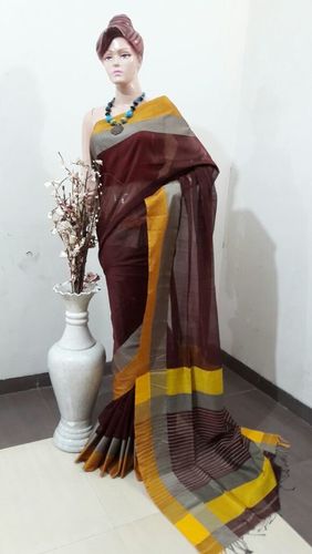 Brown And Yellow Formal Handloom Designer Saree