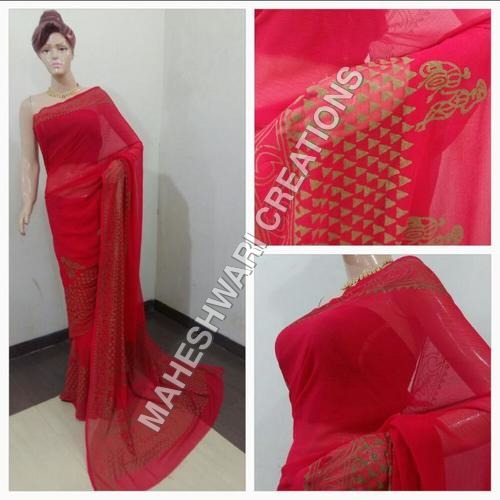 Chiffon Saree - 5-6 M Red with Block Print and Lace Decorations | Breathable Quick Dry No Fade Washable