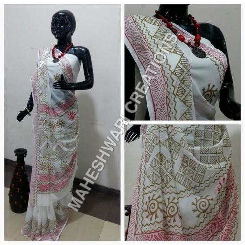 Printed Handloom Sarees - Silk Customized Length 5-6 Meters | Breathable Quick Dry Washable No Fade Casual Ethnic Wear in White and Pink
