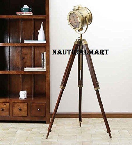 Nautical Antique Brass Tripod Search Light Floor Lamp For Living Room