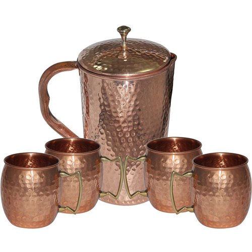 Copper Jug With 4 Pure Copper Hammered Moscow Mule Mug Set