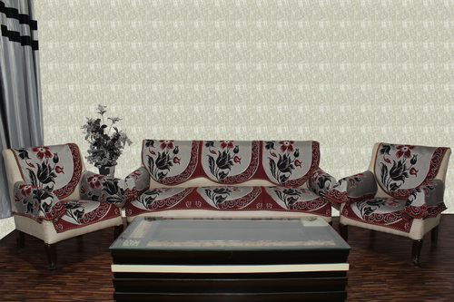 Chenille Sofa Panel - Superior Quality Chenille, Single Seater (69x59x1 cm) & 3 Seater (69x177x1 cm), Rich Maroon Color, Mesmerizing Printed Patterns, Machine Made Excellence