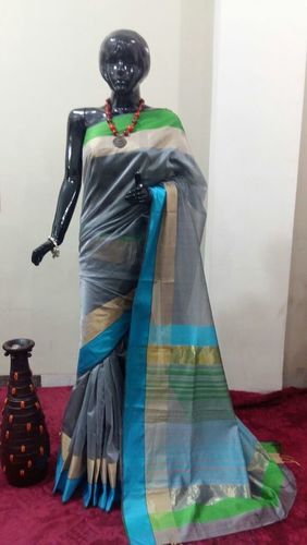 Grey And Green Resham Border Handloom Silk Saree