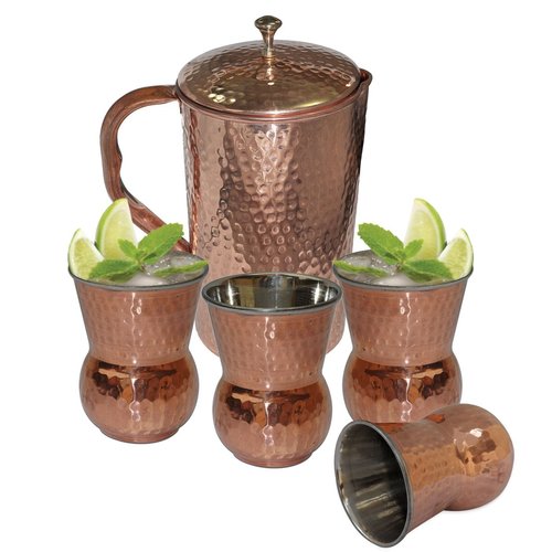 Copper Pitcher Jug With 4 Tumbler - Copper, Stainless Steel, 25x15cm Jug, 8x7cm Tumblers, Hammered Finish, Handcrafted Durable Set