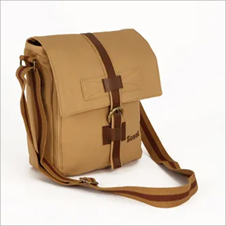 Canvas Tab Sling Bag - Cotton Canvas with Leather Trimming, Size: 24x27x9 cm, Color: Beige, Lightweight at 540 Grams, Zip Closure Included
