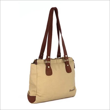 Canvas Ladies Shoulder Bag - Cotton Material 33x24x10 cm Size Beige Color | Features Leather Trimming 428 Grams Weight Shoulder Design Zip Closure
