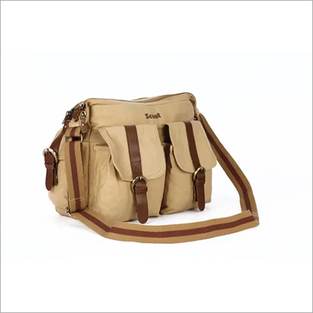 Sling Bag - Cotton Canvas 35x28x13 cm, Beige with Leather Trimming | Spacious Compartment, 5 Pockets, Customizable Design, Lightweight at 748g