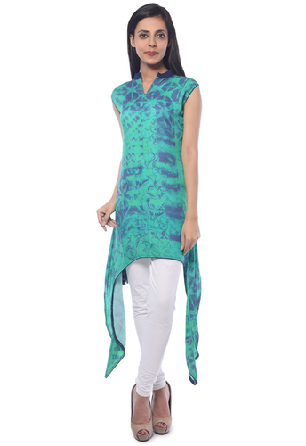 Designer Ladies Printed Kurtis - Rayon, 30 Inches, Teal | Stylish Design, Soft Fabric, Comfortable Fit, Unique Print, Asymmetric Hem, Cap Sleeve