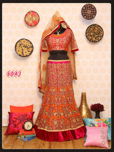 Orange And Red Bollywood Designer Fancy Lehenga