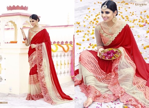 Red Georgette Designer Saree - Embroidered Cut Work, Customizable Blouse with Hand and Stone Embroidery