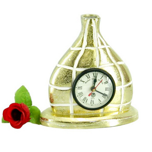 Aluminium Table Clock Brass Plated - Aluminium, 10x8x5 cm, Gold | Elegant Design, Quartz Mechanism, Battery Powered