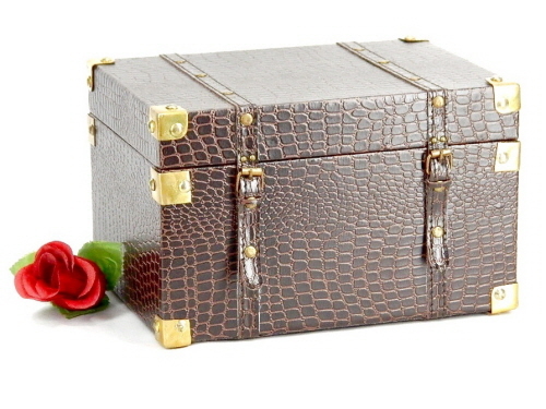 Wooden Box Brown Croco Leather Chest Style