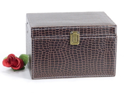 Wooden Box Brown Croco Leather With Brass Lock