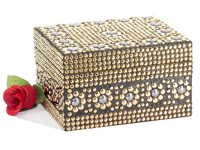 Wooden Decorative Box - Oak Wood, 5x4x3 Inches | Handcrafted, Hinged Lid, Intricate Detailing, Gold Embellishments, Lined Compartment