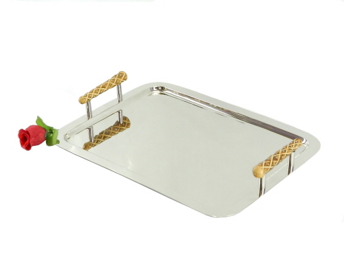 Brass Tray Nickel Plated with Wood Handles