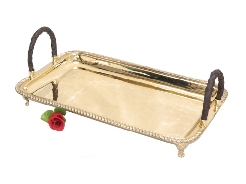 Brass Tray Polished with Leather Rope Handles