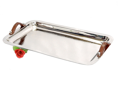 Brass Tray Hammered with Brown Leather Handles