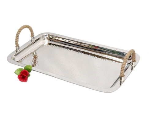 Brass Tray Nickel Plated Hammered with Rope Handle