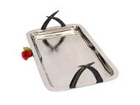 Brass Tray Hammered With Horn Handles - 12x8 Inches, Nickel Plated Brass With Horn Handles