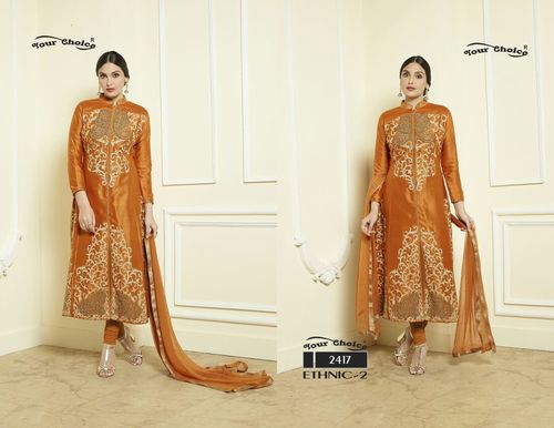 Party Wear Designer Salwar Kameez Suit - Silk, Jama Glass Cotton Bottom, Lawn Cotton Dupatta, Orange Color | No Fade, Washable, Full Sleeves, Embroidered Pattern