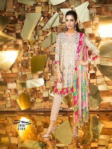 Exclusive Fancy Designer Party Wear Salwar Kameez - Faux Georgette Top, Santoon Bottom, Mineral Chiffon Dupatta, Pink and Cream Color, Full Sleeves, All Season Wear, Embroidered Pattern